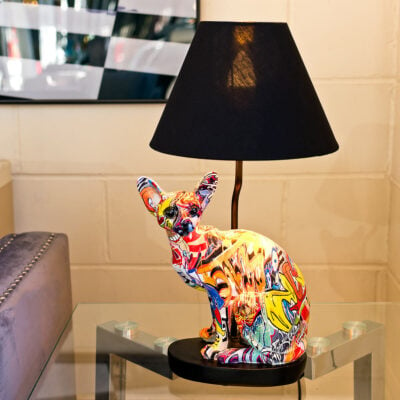 Graffiti Sitting Cat Lamp on Display