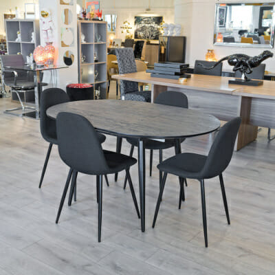 Thornton extending black dining table in our showroom extended