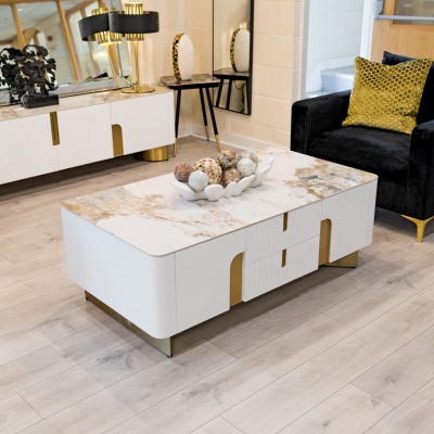 Colby White and Gold Coffee Table in our Showroom