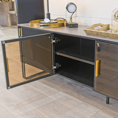 Genero Black and Gold Entertainment Unit in our Showroom - Close Up